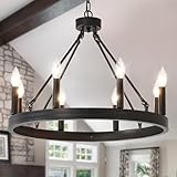 NILSE Wagon Wheel Chandelier Farmhouse 24-Inch, 8-Light Modern Black Chandelier for Dining Room, Round Iron Industrial Chandeliers Light Fixture for Living Room, Foyer, Entryway, E12