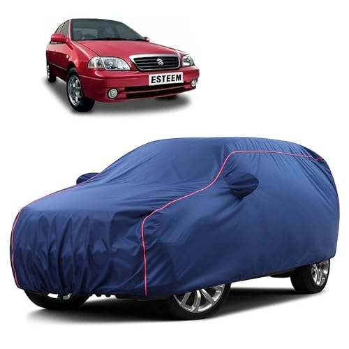 Image of Sulfar 100% Water Resistant Car Body Cover Compatible with Mirror for Maruti Suzuki Esteem (Triple Stitched, Full Bottom Elastic, Blue Taffeta with Red Piping)