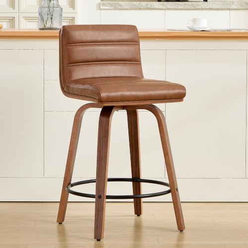 Image of Swivel Bar Stools Set of 2,26 inch Faux Leather Counter Height Barstools with Back,Mid Century Modern Upholstered Bar Chairs with Bentwood Legs Island Stools for Kitchen Counter Brown