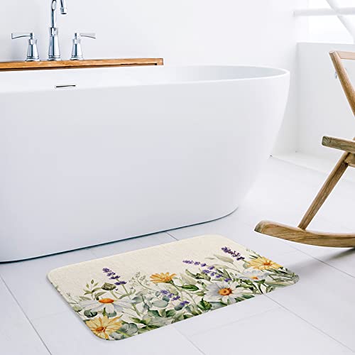 Botanical Flower Memory Foam Indoor Door Mat 20X31.5 Inches, Anti-Skid Absorbent Doormat, Washable Floor Mat For Entryway, Patio, High Traffic Areas, Home Decor Rustic Daisy Lavender Eucalyptus #TOP3