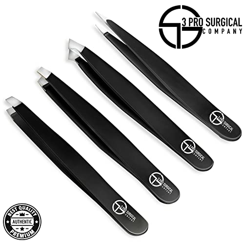 3Pro Surgical Tweezers Set With Case 4 Pieces Tweezers Set Professional Slant And Pointed Eyebrows Tweezers Ingrown Hair Removal Tweezers For Women Men #TOP2