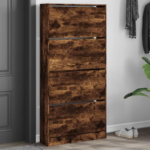 Zentexion Zapatero con 4 solapas, madera de roble ahumado, 80 x 21 x 163,5 cm, ahorra espacio, para pasillo, pasillo, dormitorio, con mucho espacio de almacenamiento y orden para el hogar y el armario