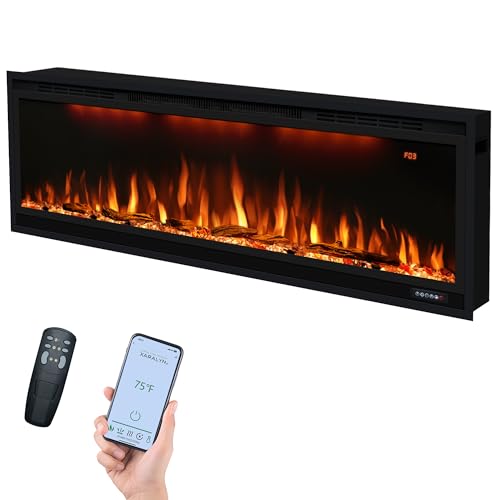 Smart 50 inch WiFi-Enabled Electric Fireplace Inserts, Wall Mount & in Wall recessed Fireplace Heater, w/Realistic Log &Crystals, Adjustable Flame Color, Thermostat and Timer, 750W/1500W, Black