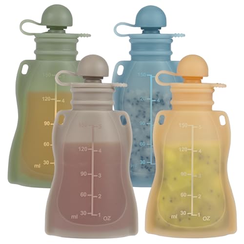 Eascrozn Reusable Baby Food Pouches, 4 Pack with Straw Squeezable Pouches for Toddlers, BPA-Free, Refillable Silicone Baby Food Storage Containers, 5 oz