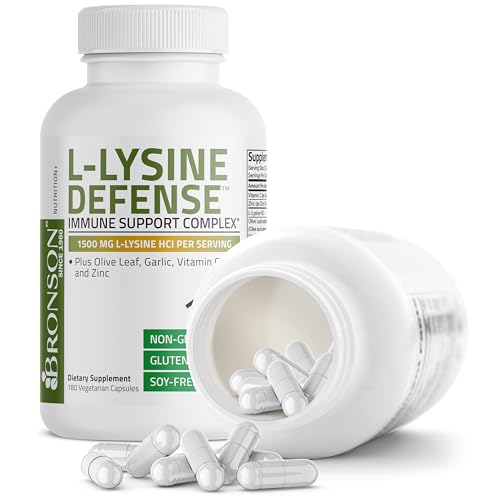 Image of Bronson L-Lysine Defense Immune Support Complex 1500 MG L-Lysine Plus Olive Leaf, Garlic, Vitamin C and Zinc - Non-GMO, 180 Vegetarian Capsules