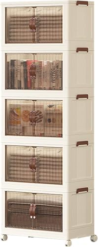 Roqao Stackable Storage Bins with Lids, 66L Large Plastic Storage Containers, 5-Tier Folding Storage Boxes with Wheels, Collapsible Storage Bins with Lids for Home Closet Kitchen Organization
