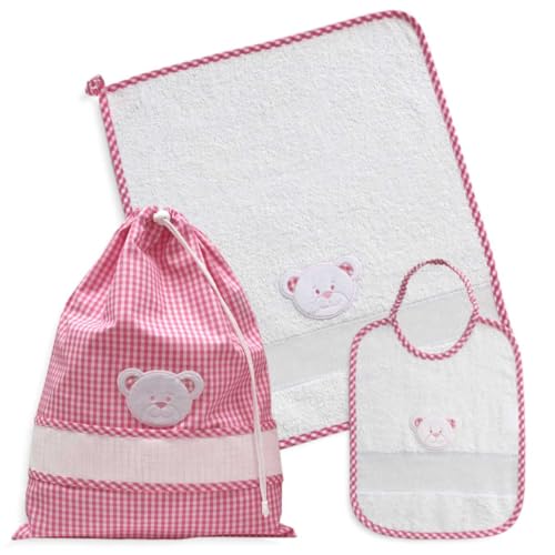 Set asilo da ricamare a punto croce, tre pezzi, sacchetto salvietta e bavaglia, Coordinato asilo in spugna bianca con tela aida, punto croce, fantasia quadretto con viso di orsetto (272 Rosa)