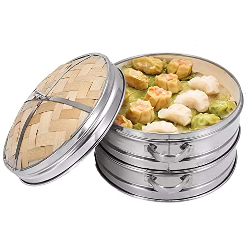 8.7 Inch Handmade Bamboo Steamer, 2 Tier Baskets - Stackable Bamboo Steamer with Stainless Steel Edging for Healthy Food Cooking