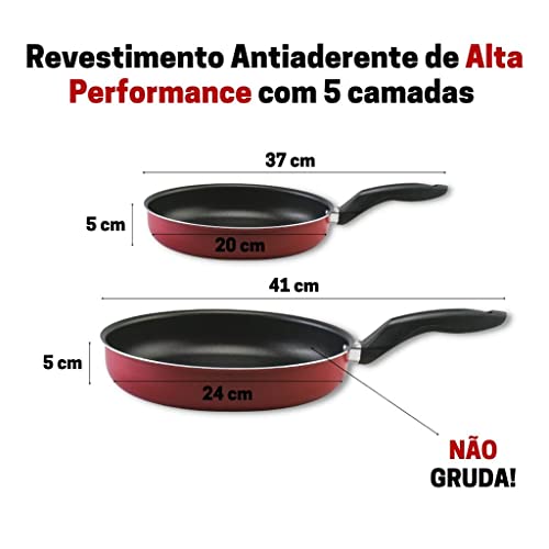 Kit Frigideira 2 peças AntiAderente Vermelha com Tampa 20 e 24cm