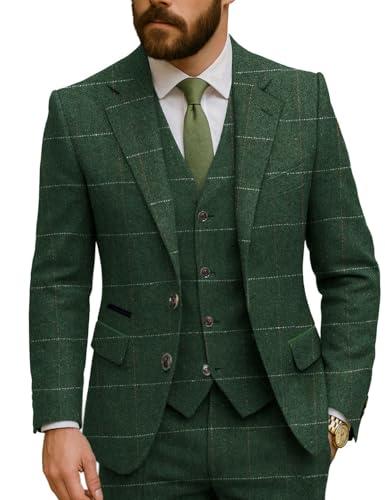 MoranX Vintage Men's Suits Tweed Regular Fit 3 Pieces Plaid Wool Business Jacket Tuxedos Blazer+Vest+Pants Wedding