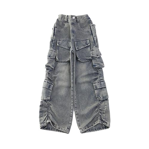 Spring Fashion Denim Cargo Pants for Girls Fashion Preppy Wide Leg Pants Lightweight Solid Color Jeans Multi Pockets