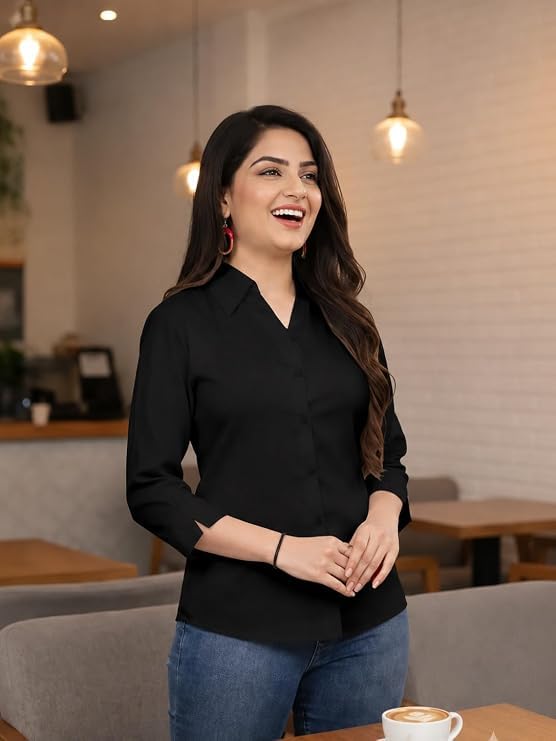 Image of Women's Formal Collared Shirt | Solid Office Wear Button-Up Top | Regular Fit 3 /4 Sleeve Business Shirt for Work & Casual Wear