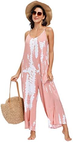 BUENOS NINOS Women's V Neck Floral Wide Leg Pants Boho Printed Adjustable Spaghetti Strappy Long Jumpsuit with Pockets Tie Dye Pink Jumpsuit M