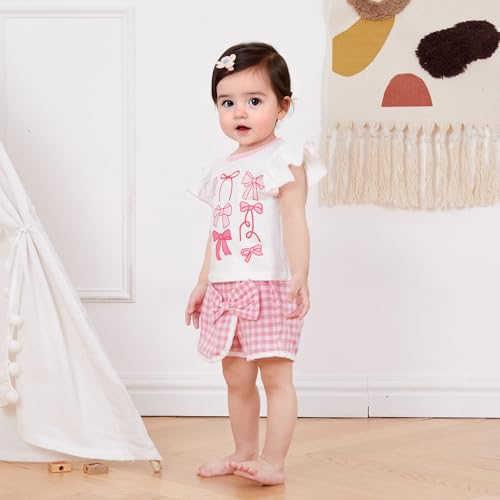 Murnouche Toddler Baby Girl Summer Clothes Bow Floral Letter Print Short Sleeve Shirt Shorts Set Summer Outfit4