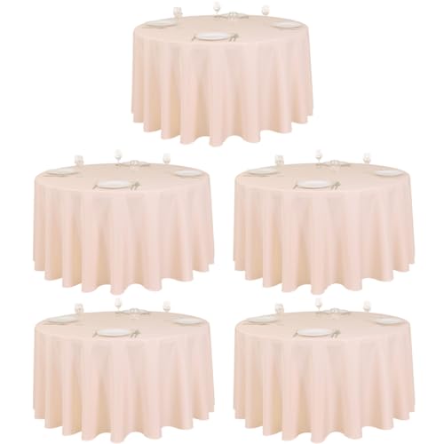 LTC LINENS 5 Pack 120 Inch Round Tablecloth Peach - Bulk for 60 Inch Round Table Floor Length - Wrinkle Resistant Polyester Fabric Cloth for Party