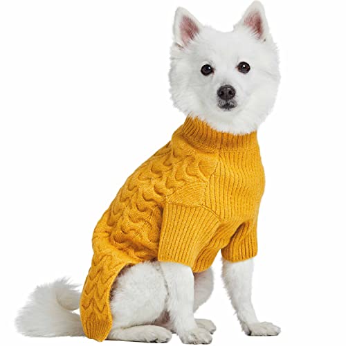 Blueberry Pet Classic Fuzzy Textured Knit Pullover Turtle-Neck Dog Sweater In Mustard Yellow, Back Length 10", Pack Of 1 Clothes For Dogs #TOP1