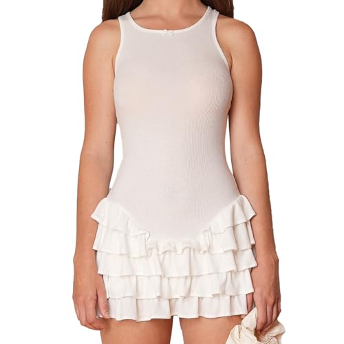Women's Summer Frill Rank Dress Sleeveless Bodycon Tiered Ruched Dress Skim Hem Dress