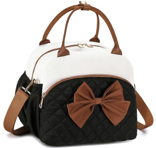 LEDAOU Lunch Box for Women, Quilted Insulated Lunch Bag, Puffy Lunch Tote with Adjustable Shoulder Strap for Work School Travel (Brown Bow Tie, Regular 9L)