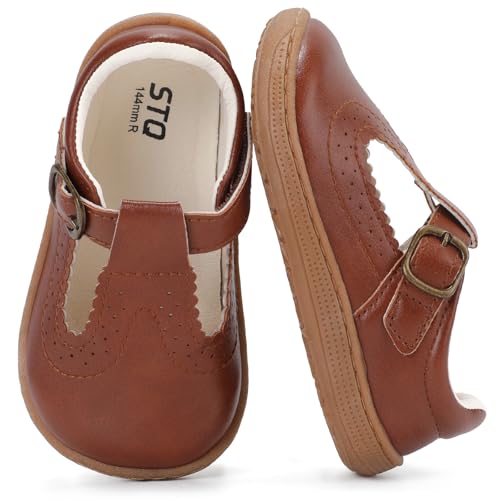 STQ Wide Toe Box Toddler Mary Jane Dress Shoes Girl Ballet Flats Brown T5