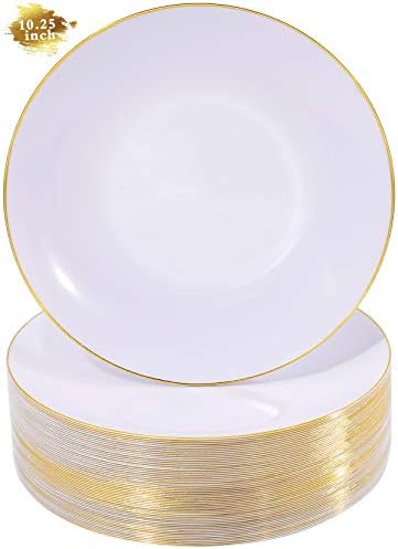 Nervure 100 Pieces Gold Plastic Plates - 10.25inch Gold Dinner Plates - Heavyweight White and Gold Disposable Plates Ideal for Wedding & Parties