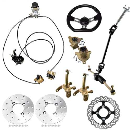 Go Kart Steering Wheel Kit, Adjustable Shaft Gear Rack Pinion Tie Rod Rack Steering Wheel Assembly, with Brake Caliper, Disc Rotor, 3 Stud Wheel Hubs for Go Cart ATV 4 Wheelers Golf Cart Drift Trike