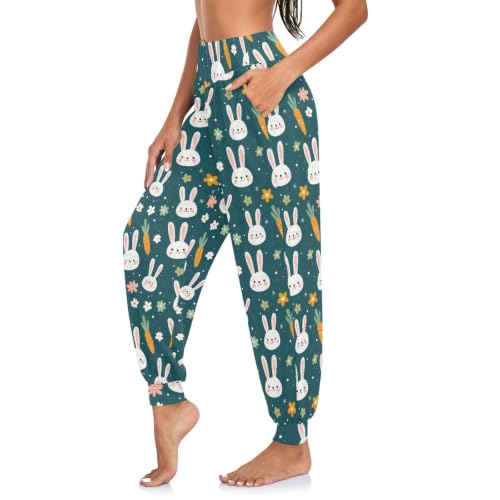 Aflyko Women Joggers Rabbit Carrot Flowers Green Boho Hippie Clothes with Pockets Relaxed Loose-Fit Leg Design for All-Day Comfort