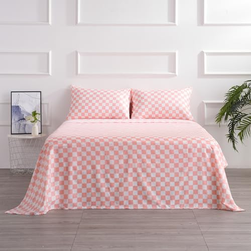 Image of Best Season Queen Size Sheet Set 4 Piece -Microfiber Soft Durable Bedding Sheet Set,Deep Pocket,Stain,Fade & Wrinkle Resistant (Plaid Coral&White)