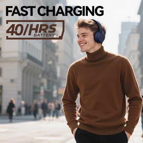 SunoFi Hybrid Active Noise Cancelling Headphones, Wireless Over Ear Bluetooth Headphones with Mic, 40H Playtime, Hi-Res Audio, Deep Bass, Foldable Comfort Fit Ear Cups for Travel, Office, Home (Blue) — view 2