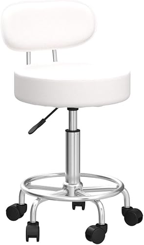 Miniatura 6 de KKTONER Taburete con ruedas de cuero sintético con respaldo medio con reposapiés, altura ajustable, oficina, computadora, hogar, redacción, silla