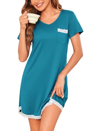 Ekouaer Women's Nightgown Sleepwear Soft Sleepshirt Short Sleeve Nightshirt Sexy Pajama Dress Teal L