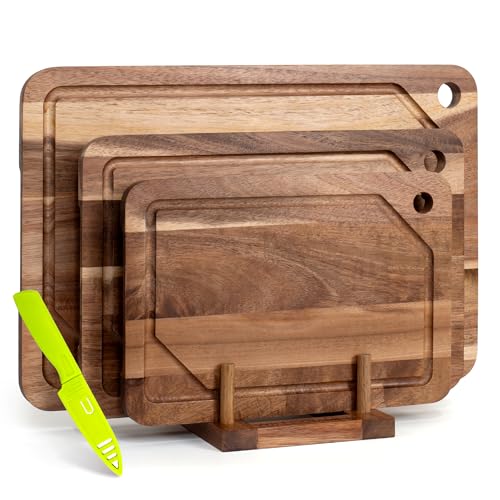 WILLKOMMEN Juego de 3 Tablas de Cortar de Madera de Acacia (37x25/30x20/25x17 cm) con Ranura Antiderrames y Agujeros para Colgar - Tabla de Cocina para Carne, Verduras y Charcutería​