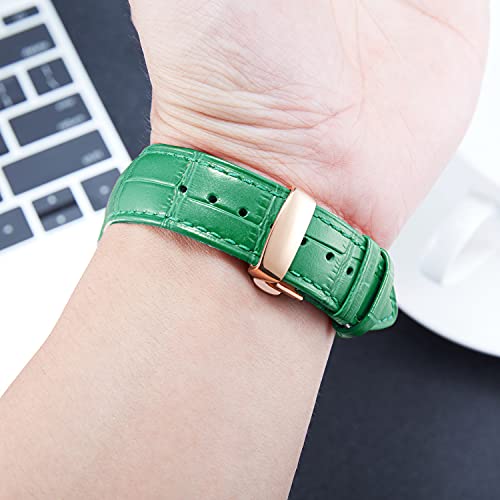 Binlun Leather Watch Strap Replacement Strap With Butterfly Deployment Buckle 13Mm Watch Band For Men Women (Green-Rose Gold Buckle 13Mm) #TOP4