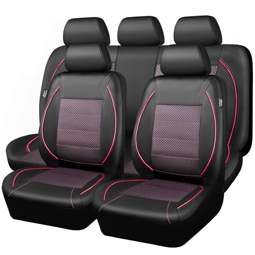 Image of CAR PASS Piping PU Leather Car Seat Cover Full Set,Inside Zipper Design and Reserved Opening Holes,Airbag Compatible,Universal FIT for Car, SUVs,Van,Trucks(Full Set, Black & Pink)