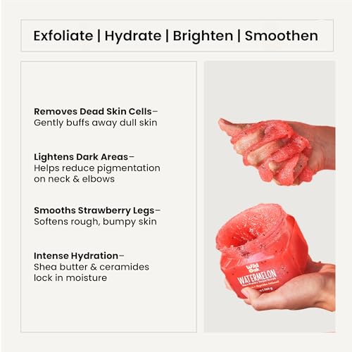 Image of Wild Oak Watermelon Sugar Body Scrub | 300gm | De-Tan & Brightens Dark Areas | Smooths Strawberry Legs & Arms | Hydrates & Exfoliates | Kojic & Hyaluronic Acid, Ceramides, Collagen & Peptides