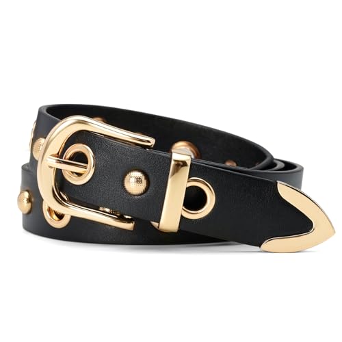 Gold Studded Leather Belt, Women’s Belts for Jeans Dresses Pants Women Fashion Punk Belt