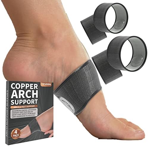 Copper Compression Arch Support,Plantar Fasciitis Sleeves,Arch Brace with Gel Pads for Foot Care,High Arch,Flat Feet,Heel Spurs,Feet Pain Relief,Flat & Fallen Arches.(4PCS, S Size)