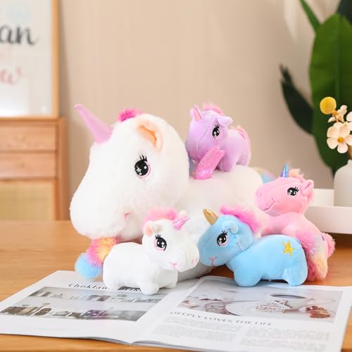 SQEQE Niedliche Einhorn Stofftiere mit 4 Baby Einhorn Plüschtiere in ihrem Bauch, Regenbogen Fliegendes Einhorn Plüschkissen Spielzeug mit Flügeln, Valentinstag Geburtstagsgeschenke für Jungen Mädchen