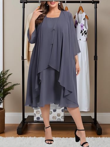 2 Piece Mother of The Bride Dress Plus Size Cascading Tea-Length Chiffon Formal Evening Dresses for Women with Jacket3