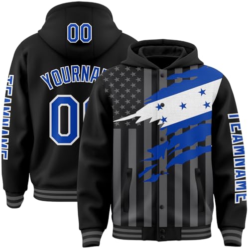 LTOCMKIY Personalized Varsity Letterman Jackets with Hood Polyester Wool Personalized Honduras Baseball Hoodie Jackets Full Snap Fashion Customize Sports Jackets Jerseys for Unisex Youth Boys Girls