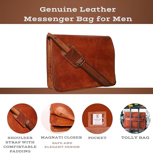 15-Inch Genuine Leather Messenger Bag for Men – Handmade Vintage Laptop Satchel, Crossbody Shoulder Bag with Adjustable Strap & Multiple Compartments3