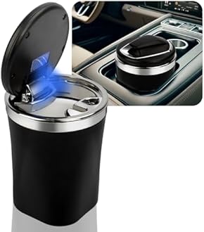 Car Ashtray,Ceramic Liner Car Ashtray With Lid,Portable Ash Tray For Smell Proof with LED Car Cup Holder Accessories for Indoor Outdoor Travel Car Smokers (Black Lid), mini, HT852-QHYB
