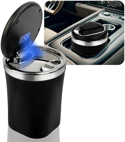 Car Ashtray,Ceramic Liner Car Ashtray With Lid,Portable Ash Tray For Smell Proof with LED Car Cup Holder Accessories for Indoor Outdoor Travel Car Smokers (Black Lid), mini, HT852-QHYB