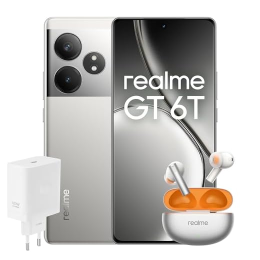 realme Smartphone GT 6T 256GB 8GB Fluid Silver EU + Buds Air 6 Flame Silver EU + SUPERVOOC 120W Power Adapter White