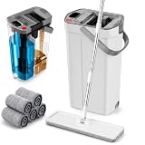 Flacher Wischmopp und Eimer Set, 2 Kammer-Bodenreinigungssystem, 360 drehbarer Kopf, mit 5 wiederverwendbaren Mikrofaser-Wischpads, trennt sauberes und schmutziges Wasser, kompakt und leicht