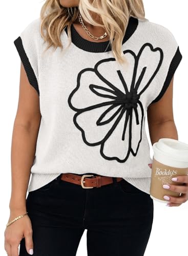 Dokotoo Summer Sweaters for Women Vest 3D Floral Crewneck Cute Tops 2026 Spring Cap Sleeve Cruise Outfits Color Blocked Loose Fit Knit Pullover Tank Tops Sexy Fashion Clothing Plus Size,White X-Large