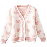 FindThy Girls Heart Print Cute Cardigan Long Sleeve V Neck Brushed Sweater Kawaii Cardigan Coat(0944