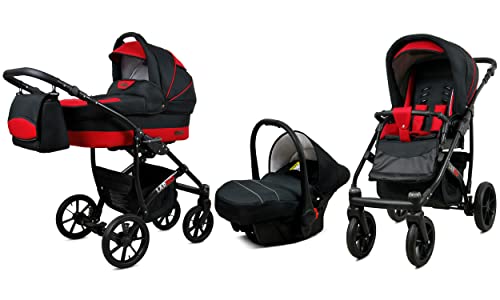 Kinderwagen Largo,3 in 1 -Set Wanne Buggy Babyschale Autositz mit Zubehör Black Red Cover
