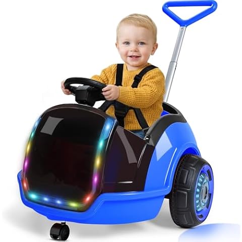 ANPABO 3-in-1 Electric Push Ride On Car, 12V Kids Ride On Toy w/Remote Control, 360° Spin, 5-Point Safety Belt, Colorful LED Light, Music Player, Push Car for Toddler Ages 1-3 (Blue) Cover