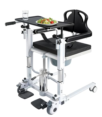 Patient Lift Transfer Chair, 6 in 1 Patient Lift Chair with 180°Split Seat for Home, Height Adjustable Portable Lift Nursing Chair with 4 Casters, Commode & Seat Cushion for Seniors Elderly, 350LBS