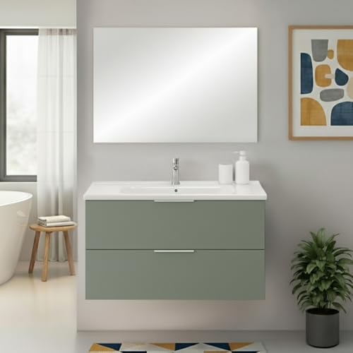 Inbagno Mobile Bagno Sospeso 100 Cm Verde Opaco Con 2 Cassetti Soft-Close Lavabo In Ceramica E Specchio Rettangolare – Linea Elva